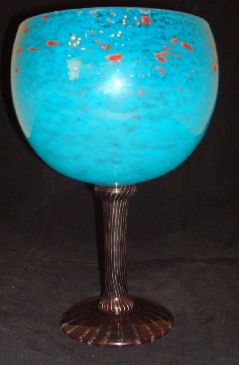 blue signed glass by Schneider on a decorated stem