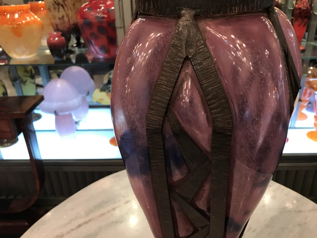 Signed glass by Schneider, antique with decorative details, in purple tones with an antique ambiance.