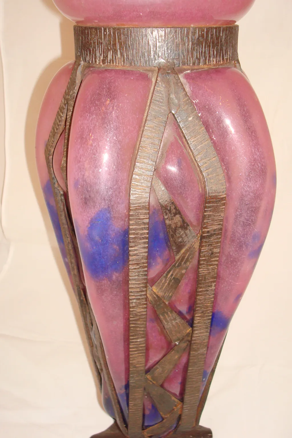 vintage glass with signature in pink and blue tones, decorative antique style