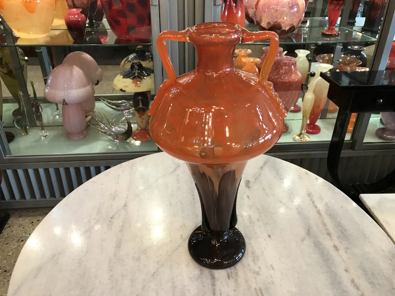 Orange and black signed glass vase, antique piece.