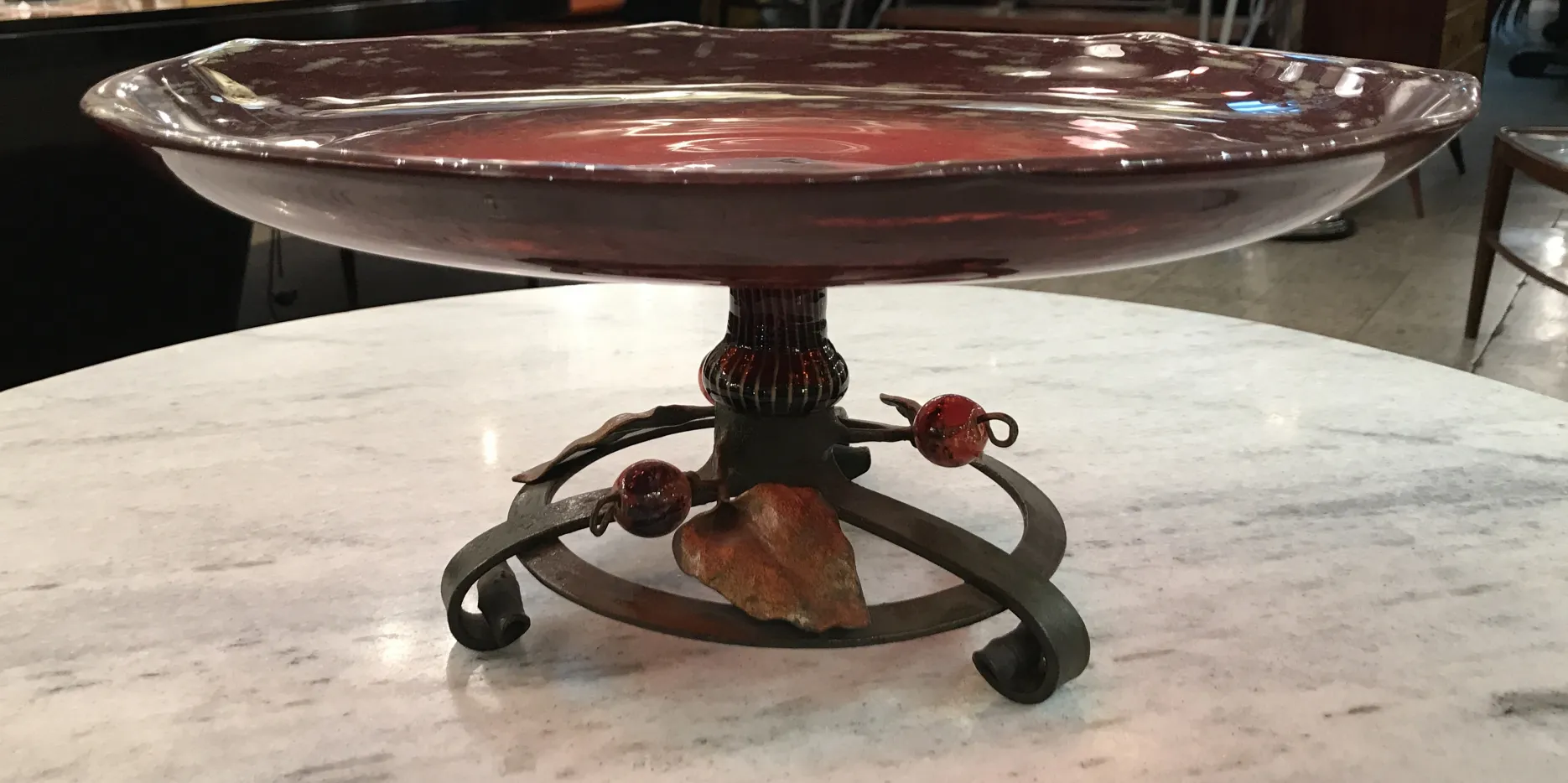 Antique glass dish signed by Schneider with decorative base.