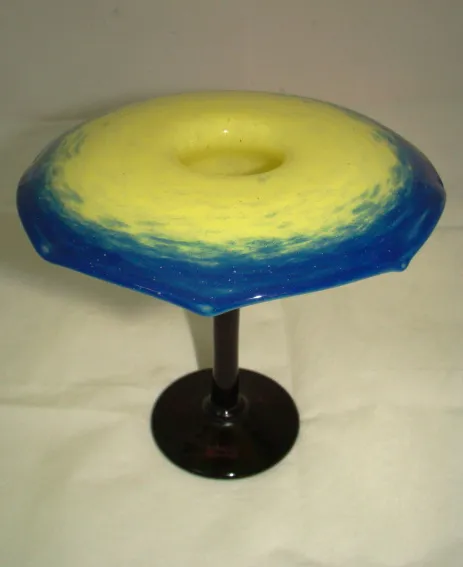 Antique decorative glass signed by Schneider in yellow and blue tones.