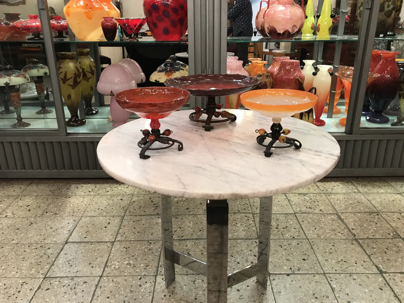 altes signiertes Glas Schneider auf einem runden Tisch