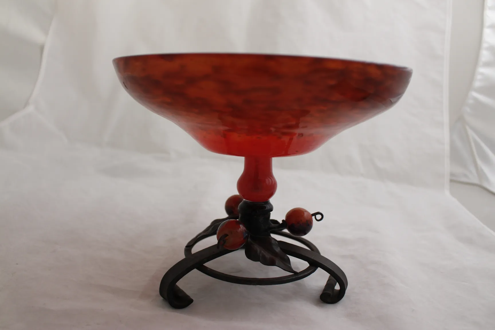 Red signed glass Schneider with decorative base, antique