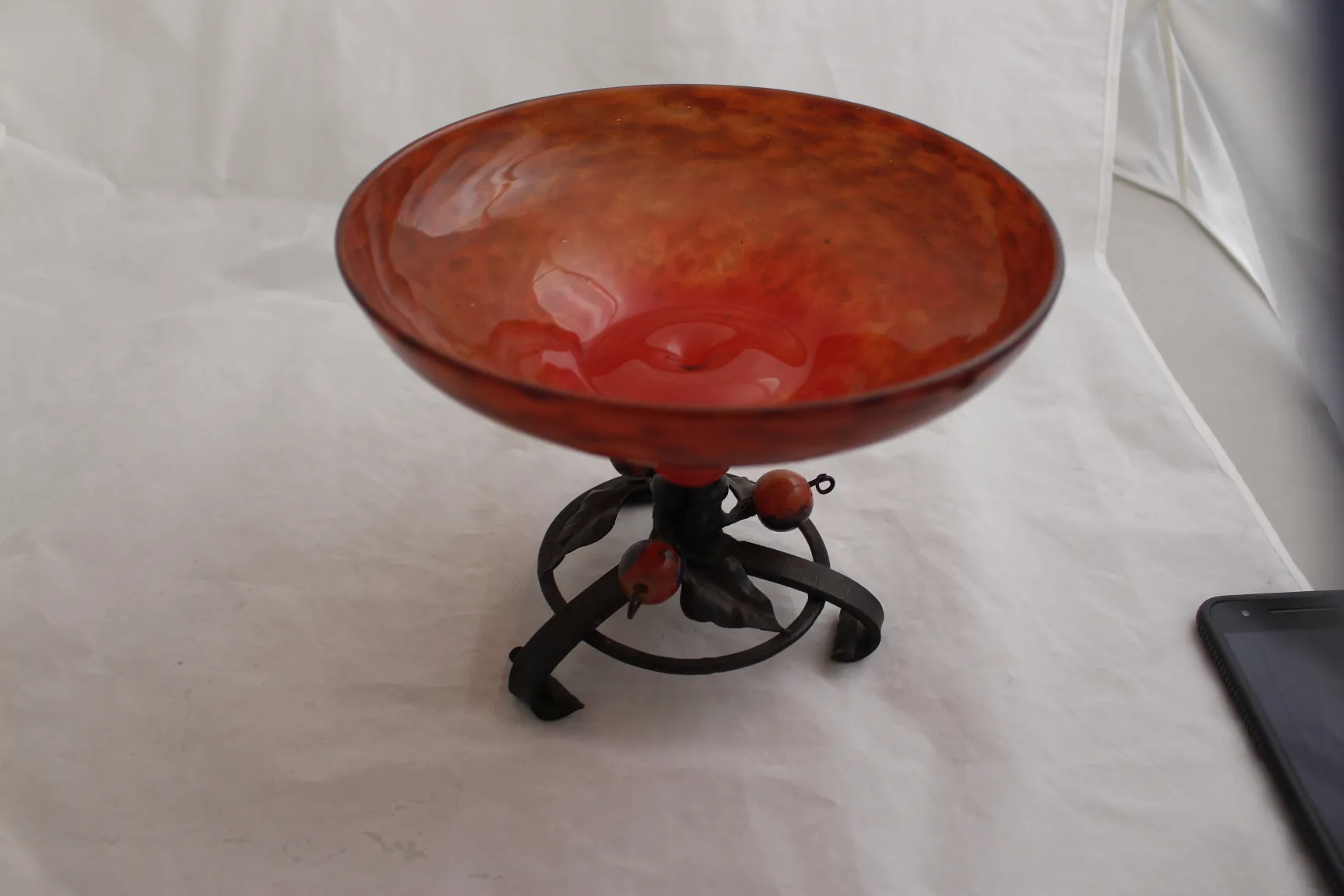 decorative signed glass by schneider with metal base