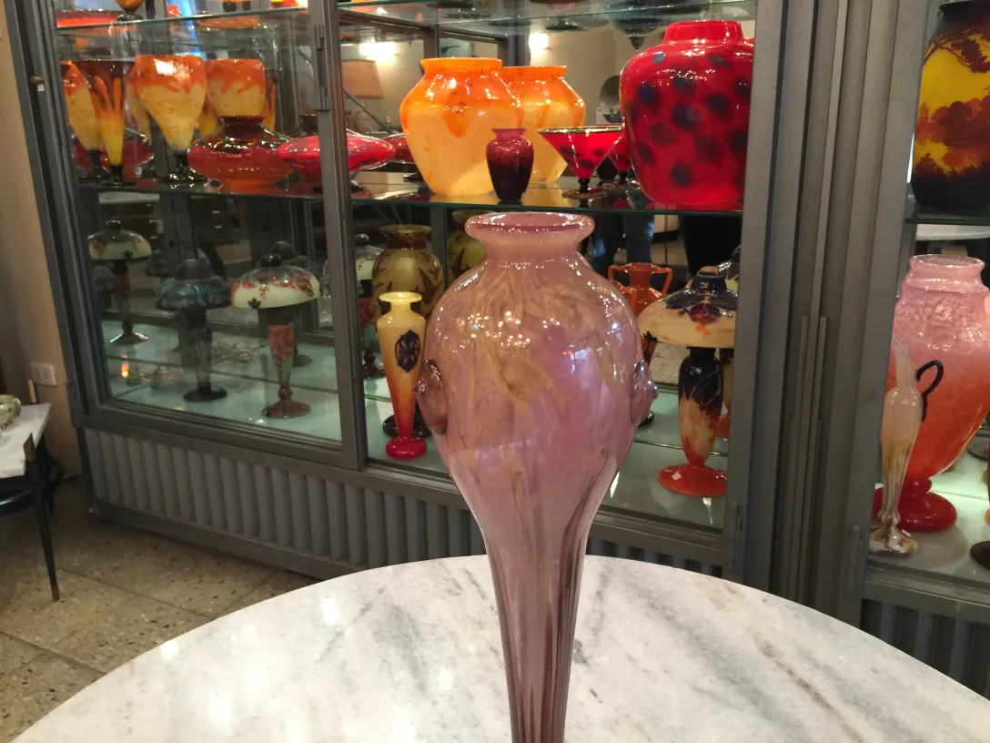 Antique signed glass by Schneider displayed, stylish form, pink color.