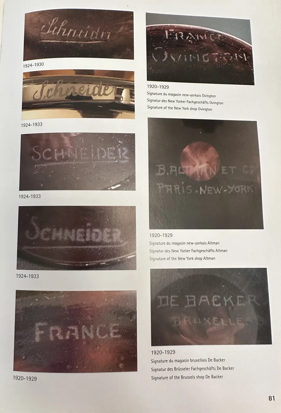 Signiertes Glas von Schneider mit antiken Details.