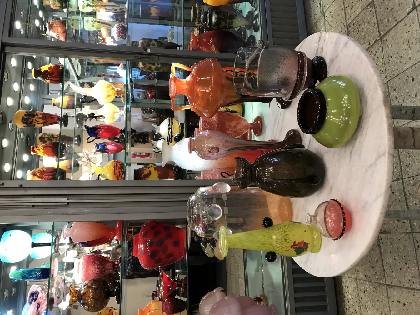 Collection de verre ancien avec divers styles et couleurs, certains avec des décorations distinctives.