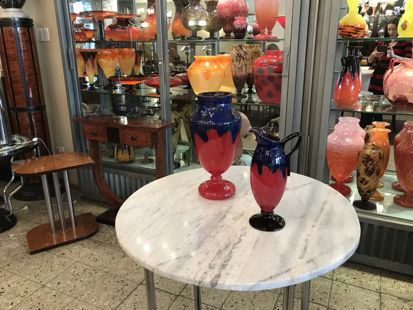 vasen aus signiertem glas schneider auf einem tisch.