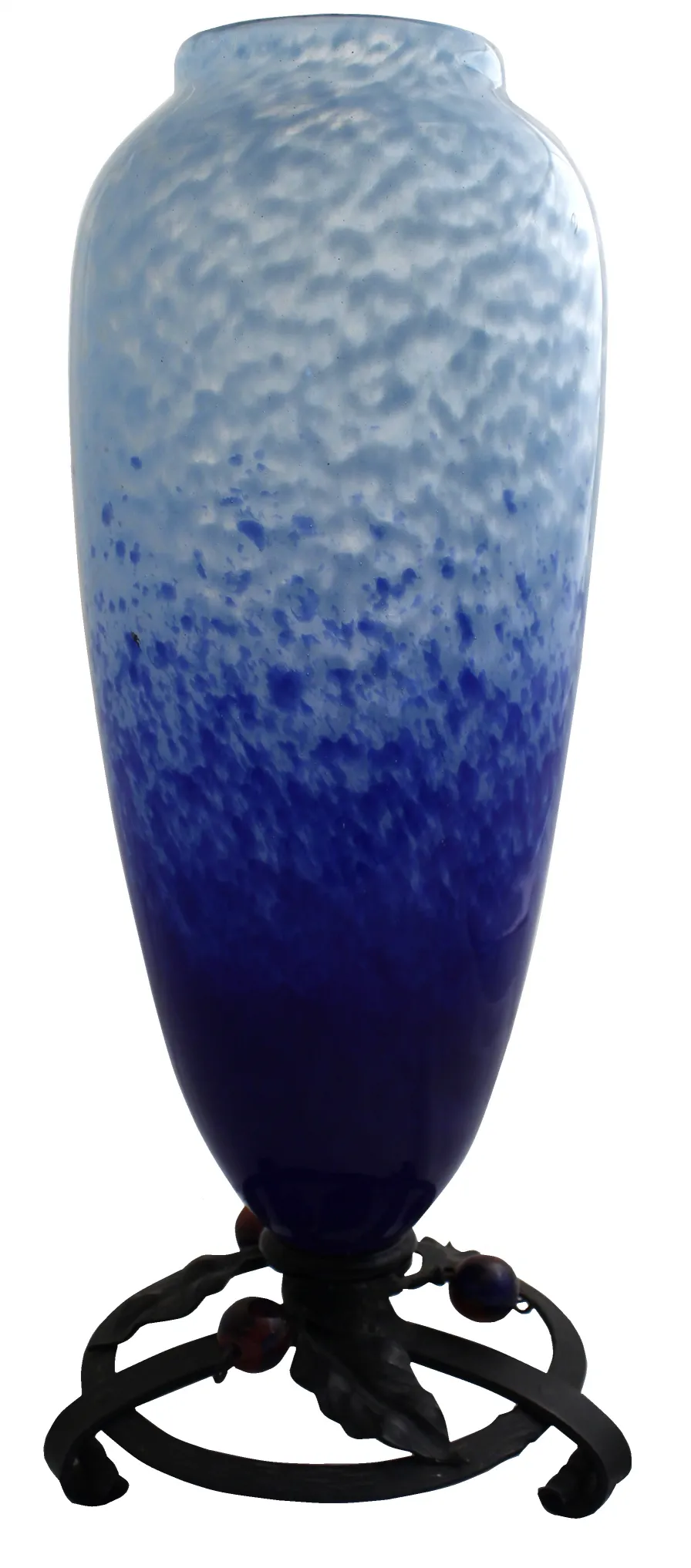 Jarrón antiguo azul con firma de Schneider en base decorativa