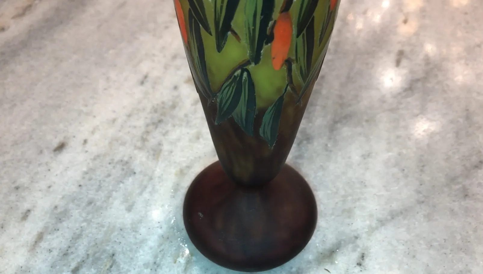 antique glass with schneider signature, green and orange decorations