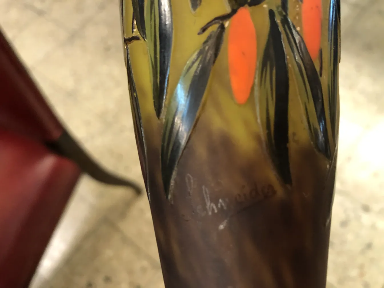 Antique signed glass by Schneider with floral design