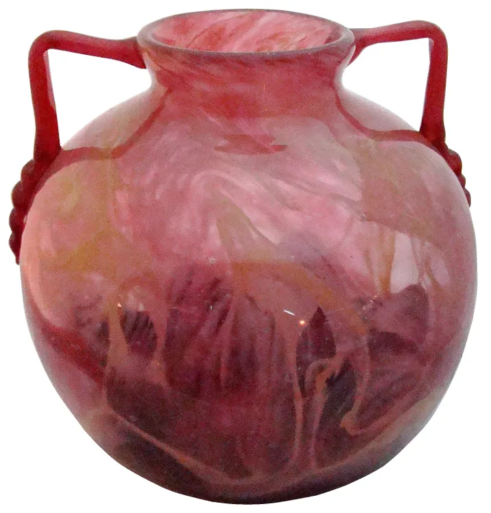 Vaso antico in vetro con design a vortice rosso e arancione