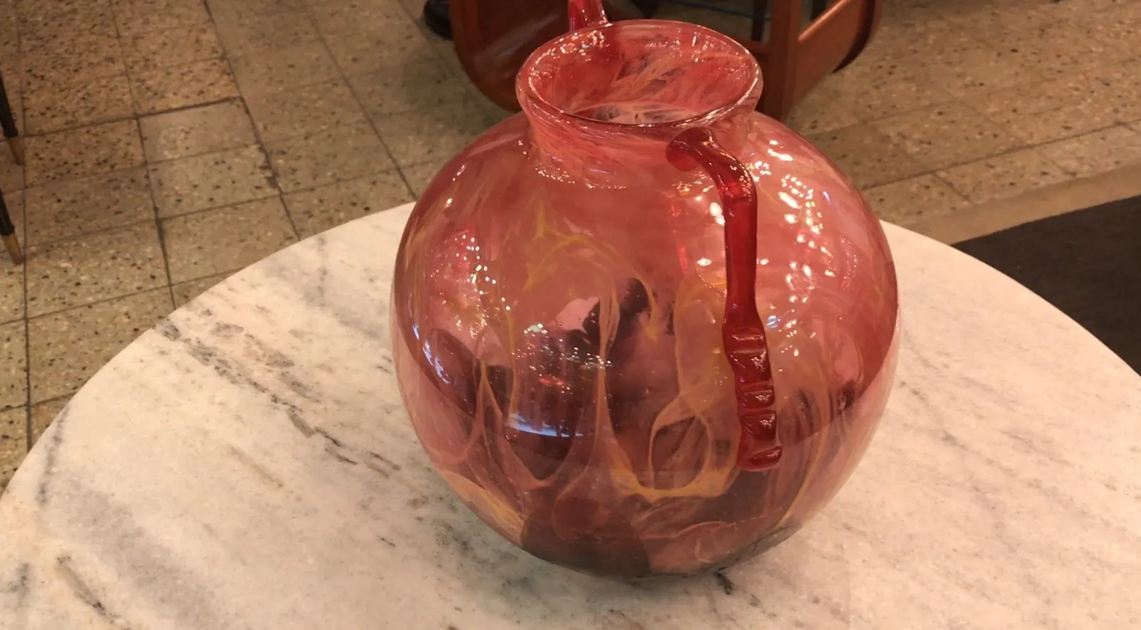 Antique glass jug signed by Schneider with unique red patterns