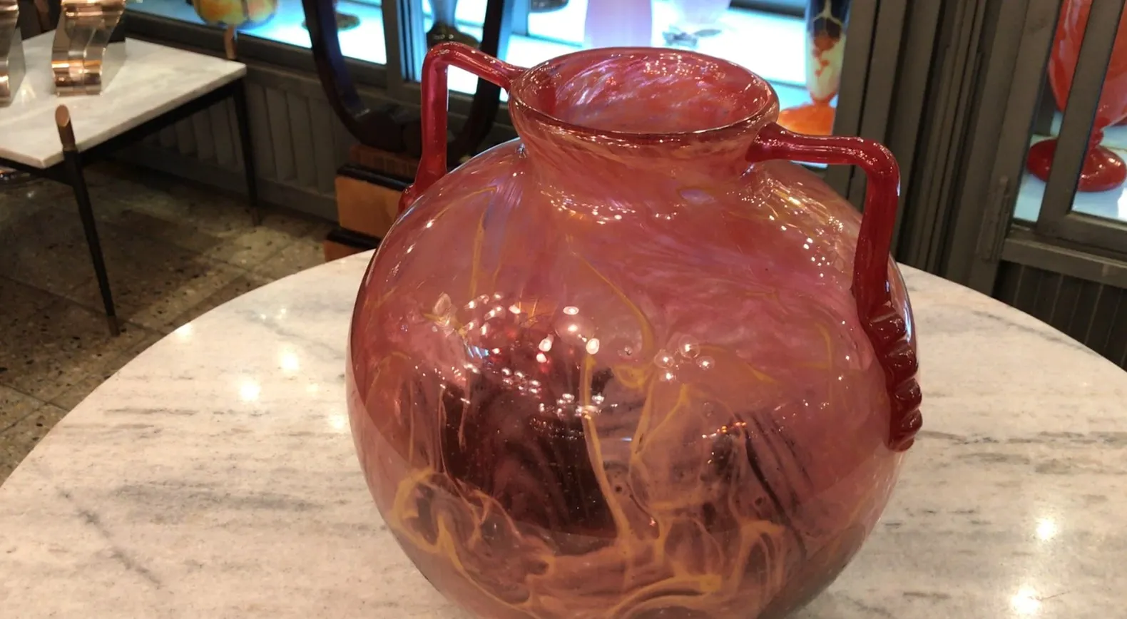 altes signiertes glas schneider in rosa und gelb