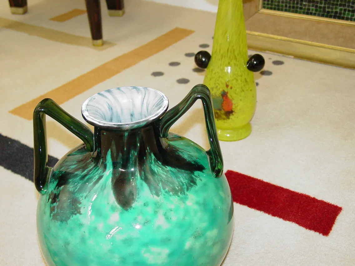 antique green signed glass vase by Schneider, decorative