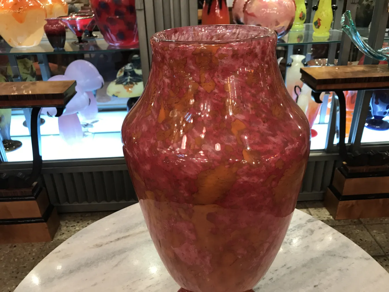 Antique vase with pink and yellow shades, signed glass.