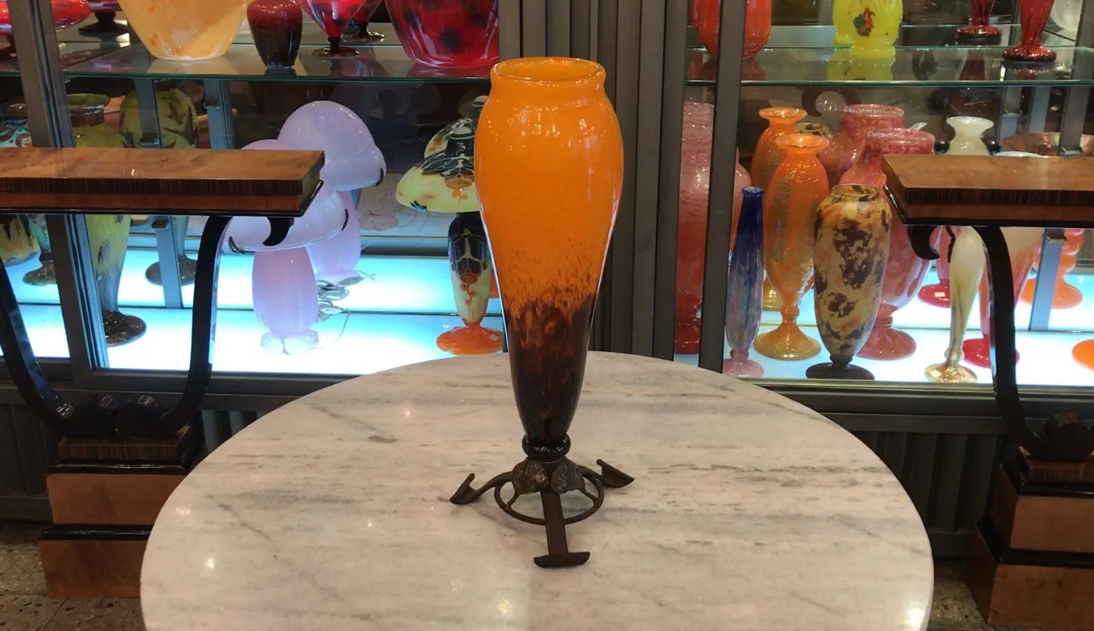 Antique signed glass by Schneider in orange and brown.