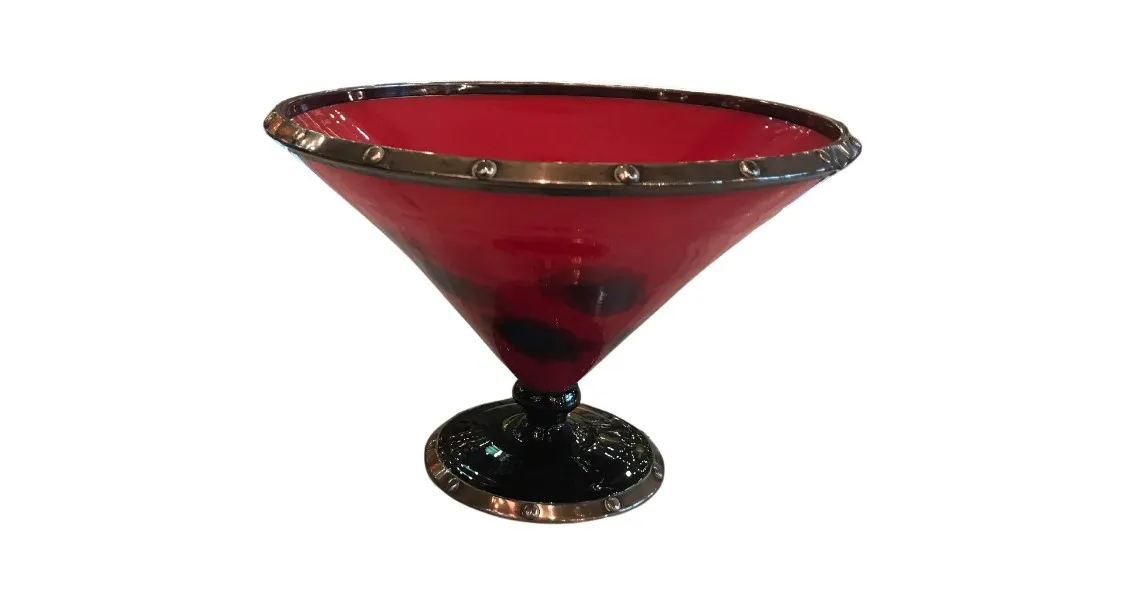 Antique signed glass by Schneider in red and black with decorative edge.