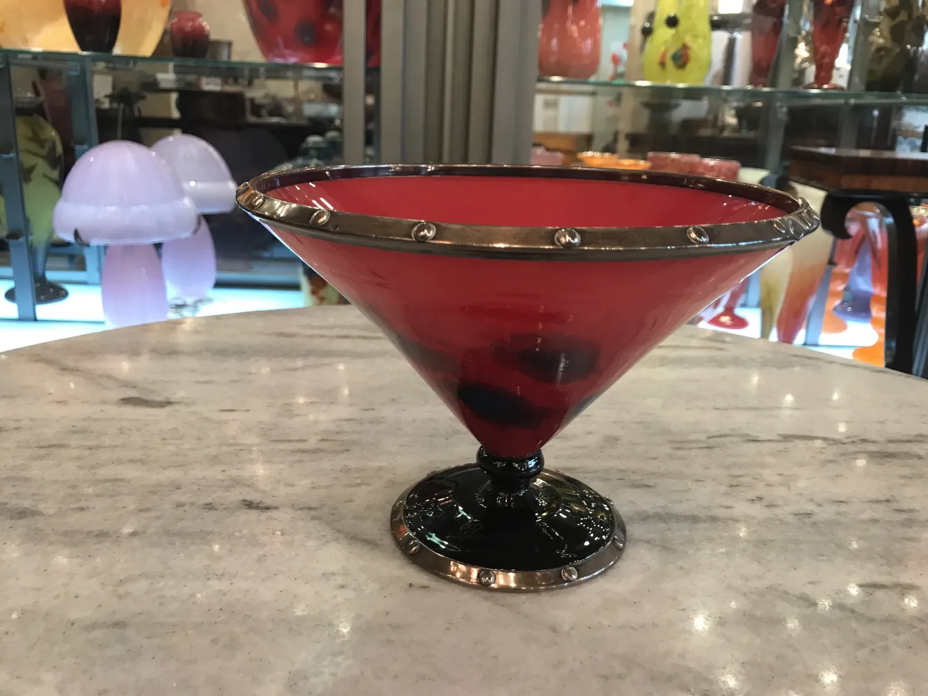 red signed glass with metallic rim, French antique