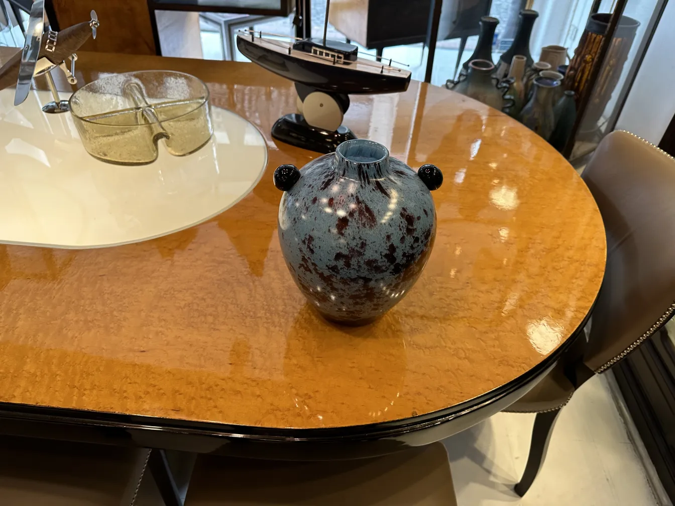 decorative vase signed glass schneider on wooden table