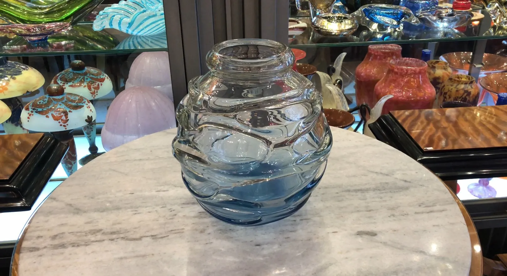 vetro decorativo con texture ondulata in blu e trasparente, antiquariato francese