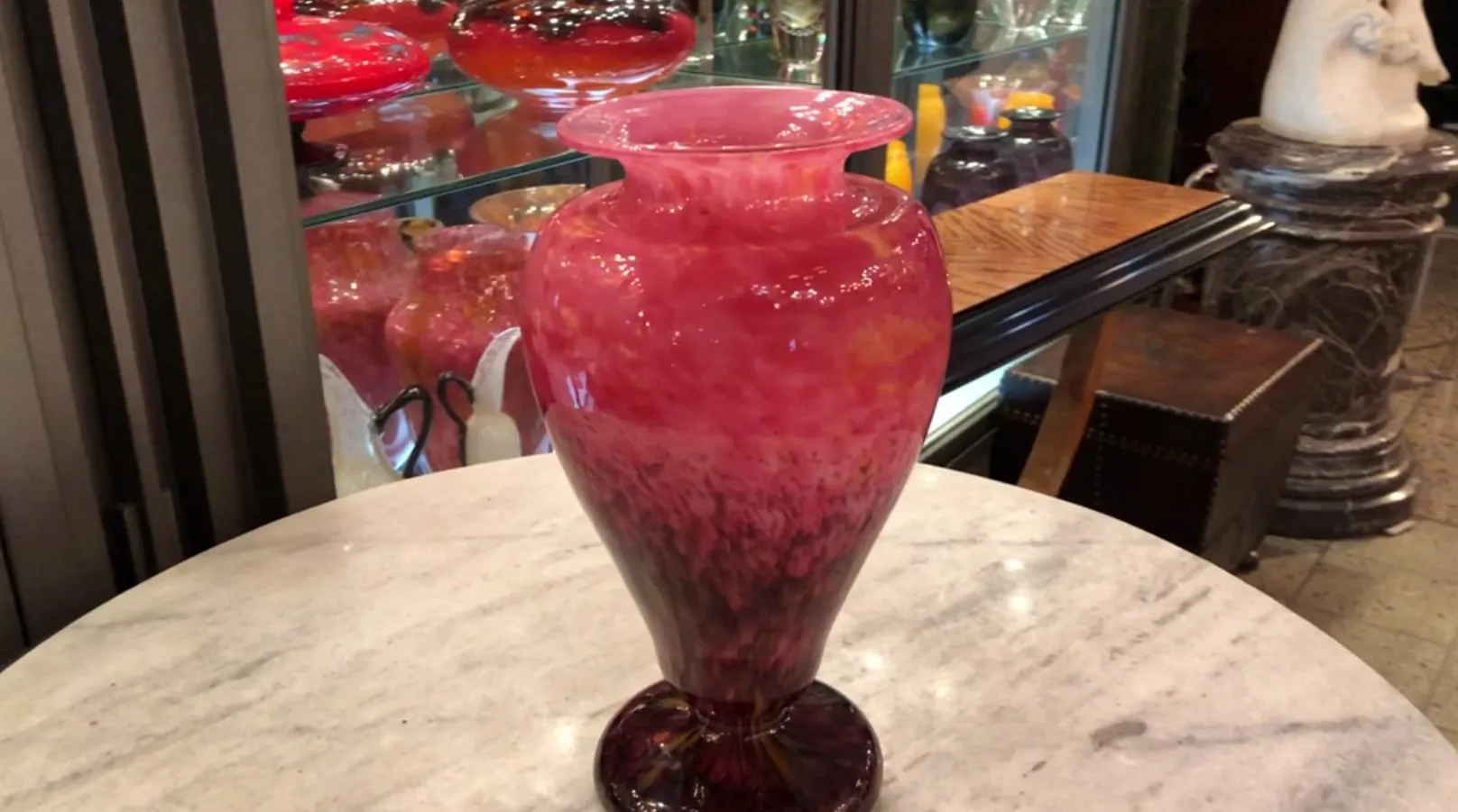 stunning signed glass by schneider in shades of pink and purple, with decorative details