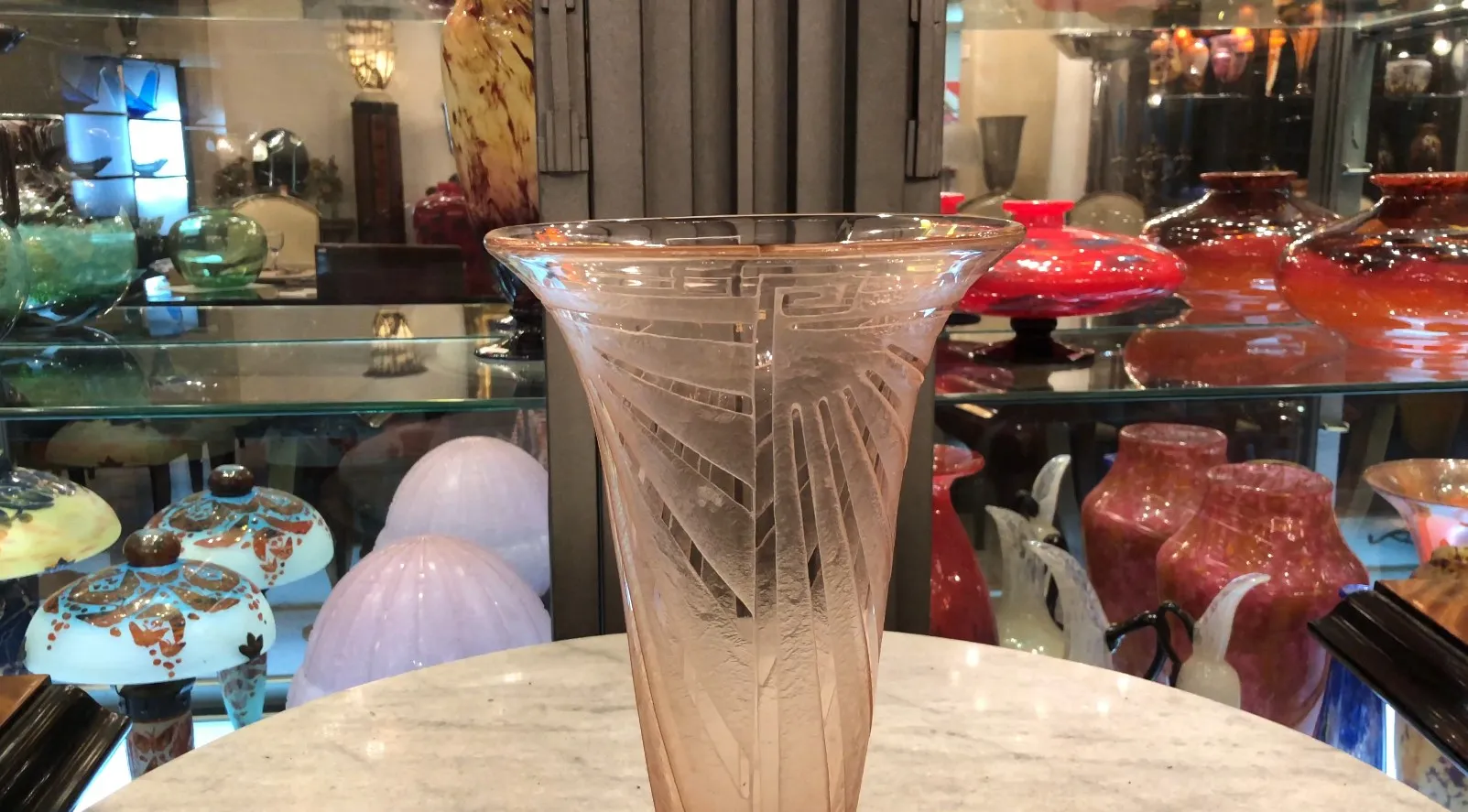 antique glass vase, signed, unique design with patterns