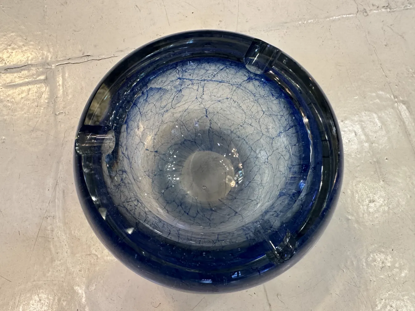 murano glass ashtray in blue tones with crackled effect