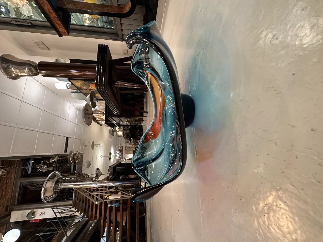 Antique Murano glass with blue and orange tones, decorative