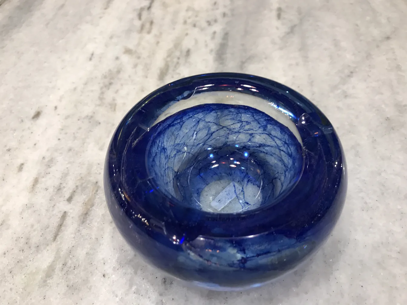 antique murano glass ashtray in blue with patterns
