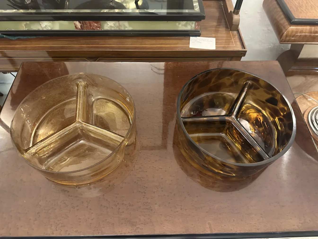 two decorative murano glass dishes in amber tones