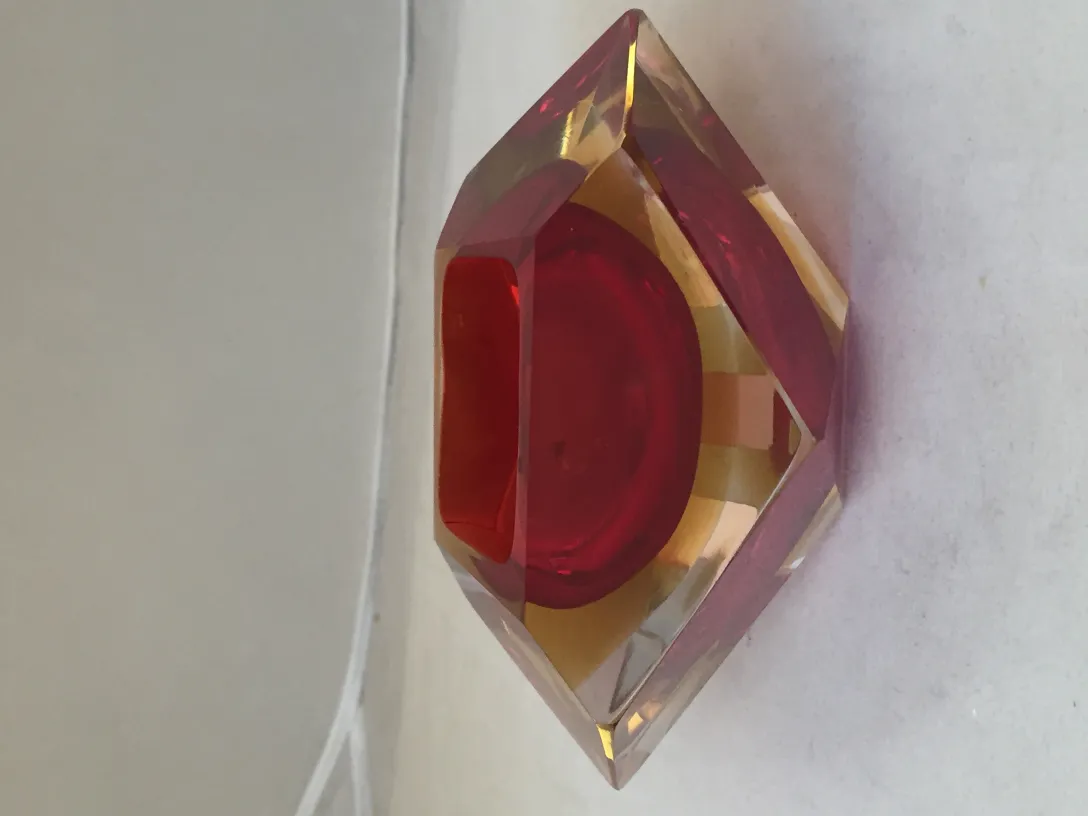 antique murano glass piece, red and yellow with geometric design