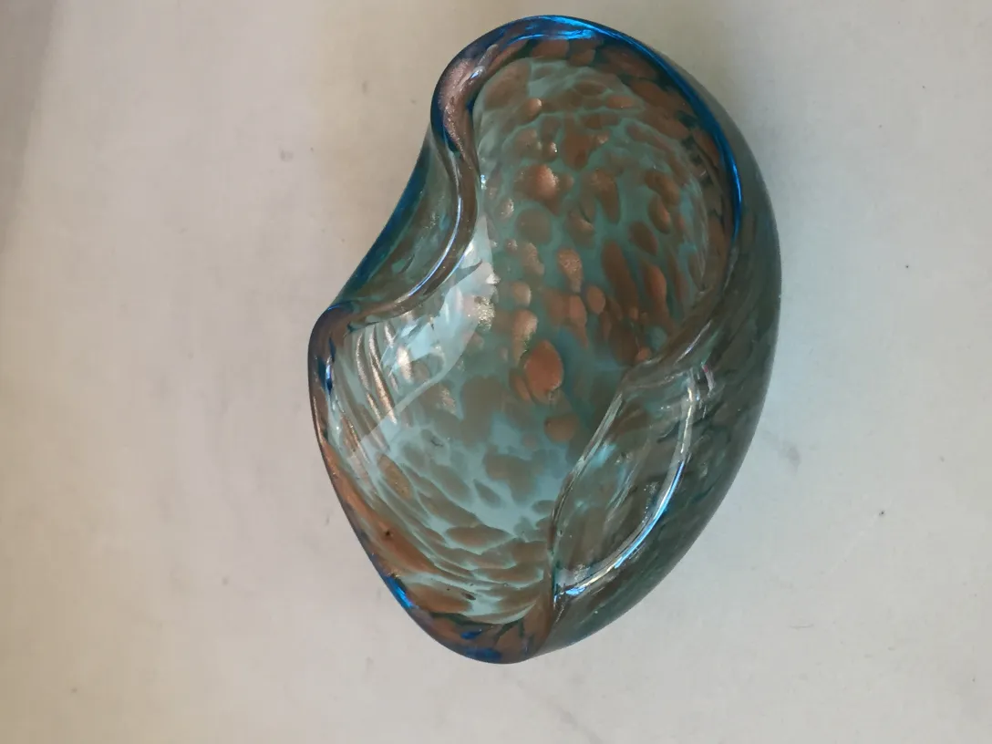antique murano glass vase with blue design and copper accents