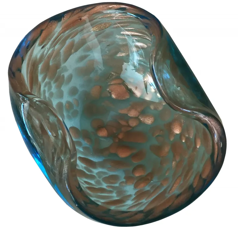 Cristal de Murano antigo com design decorativo em azul e bronze, perfeito para decoração de interiores.
