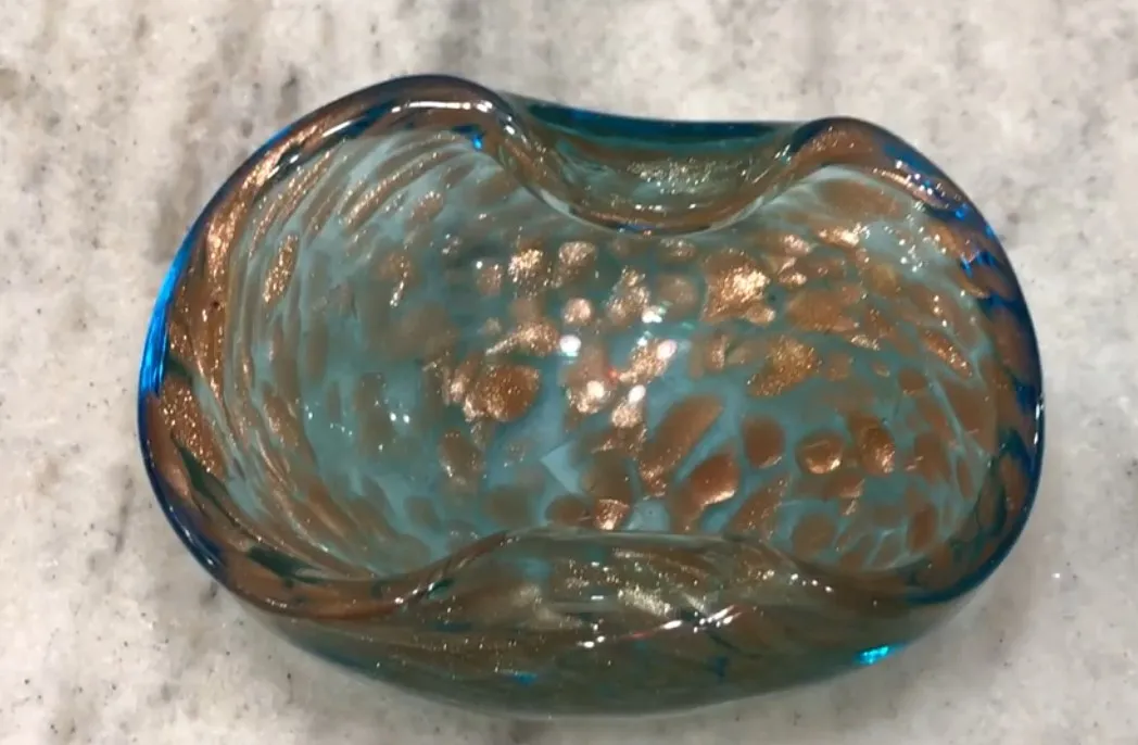 antique murano glass decorative piece in blue and copper tones