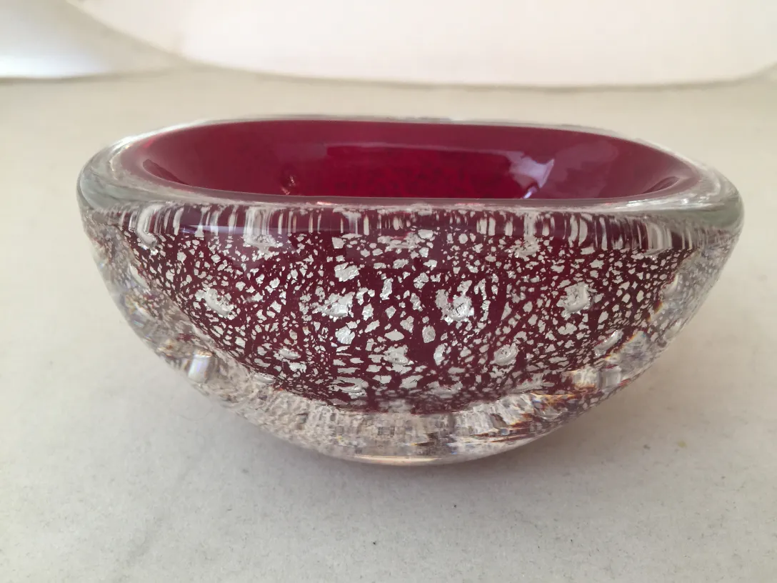 antique murano glass bowl in red and silver tones