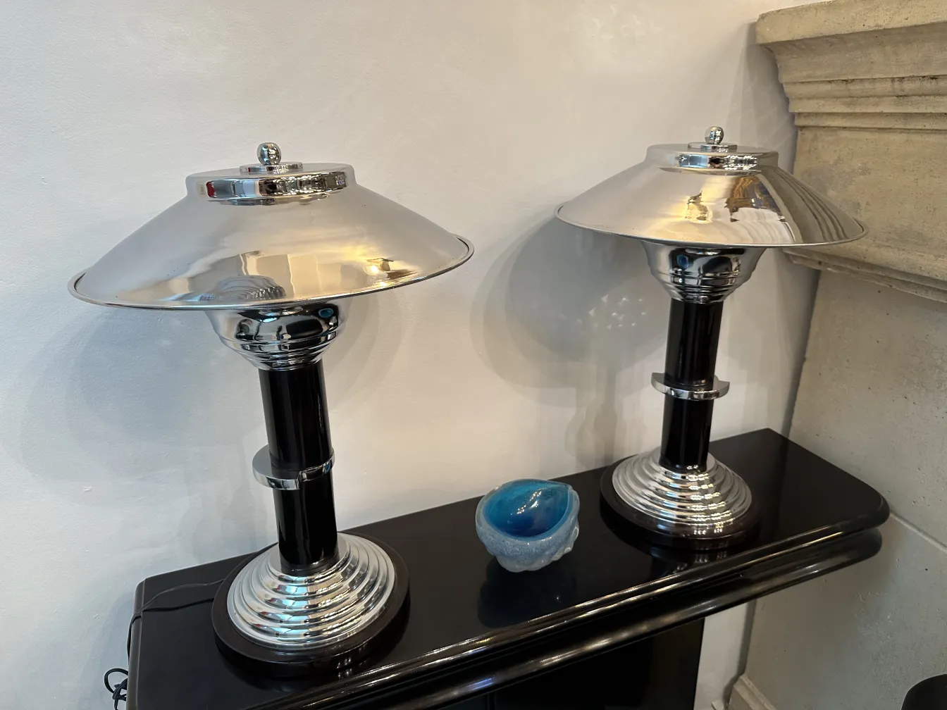 two antique lamps with black base and metal shade, blue murano glass decoration