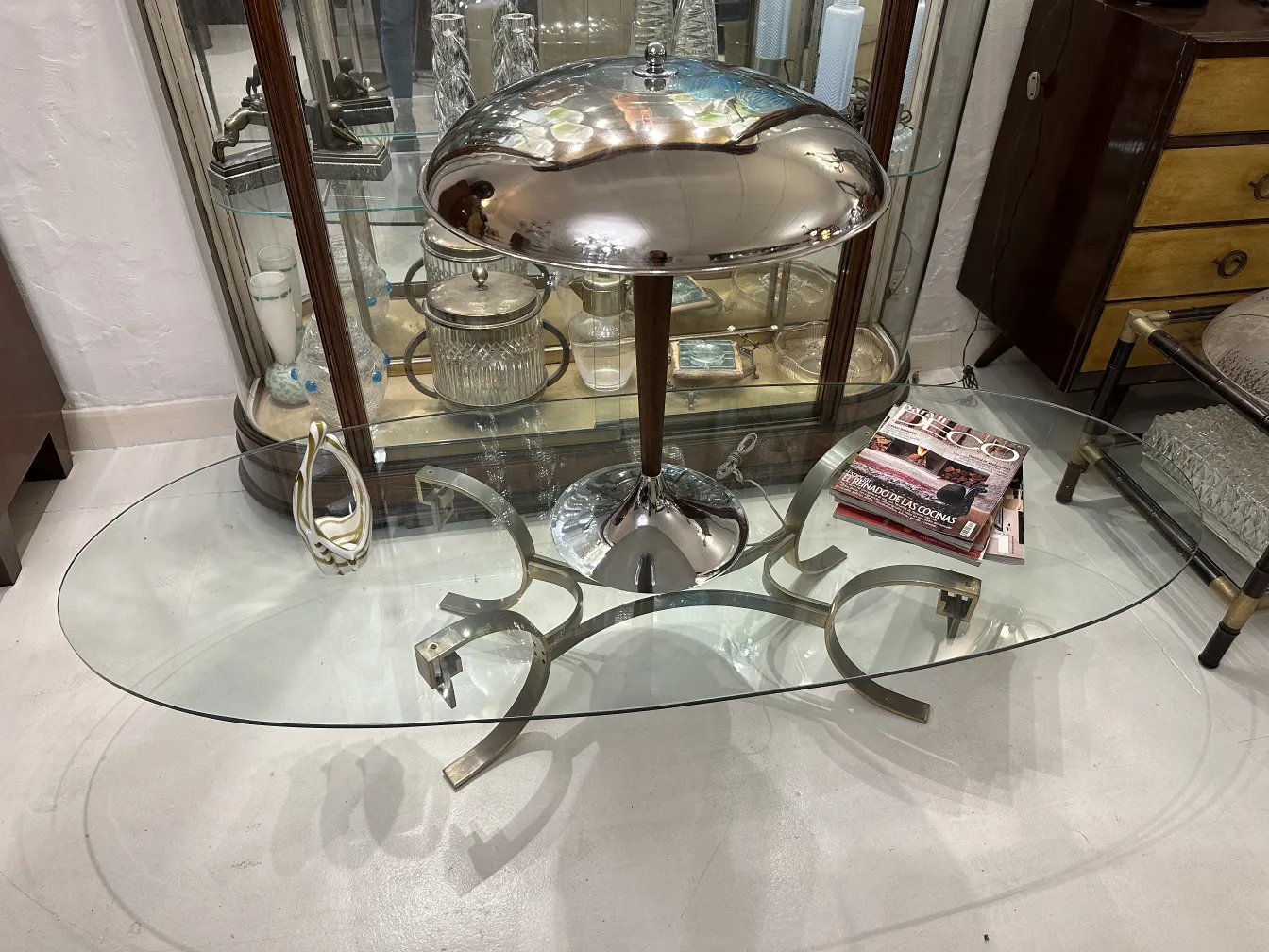 Table with antique murano glass and lamp