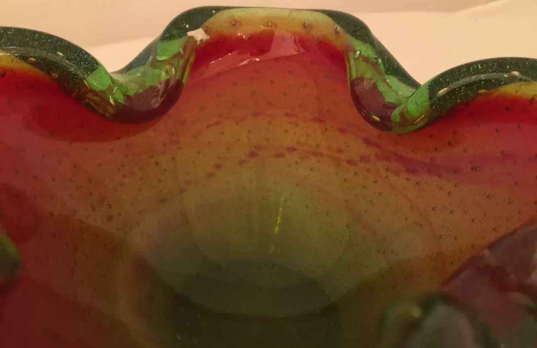 Antique Murano glass dish with red and green tones