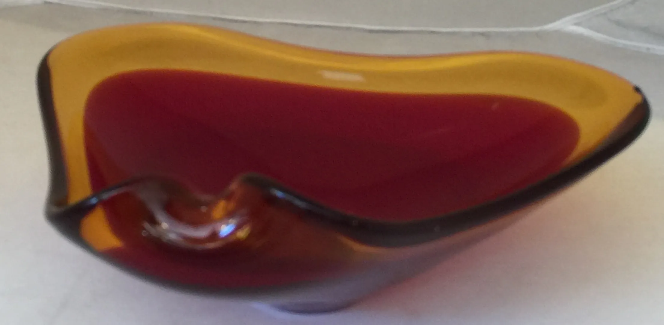 Antique murano glass sculpture, red and yellow tones, wavy edge