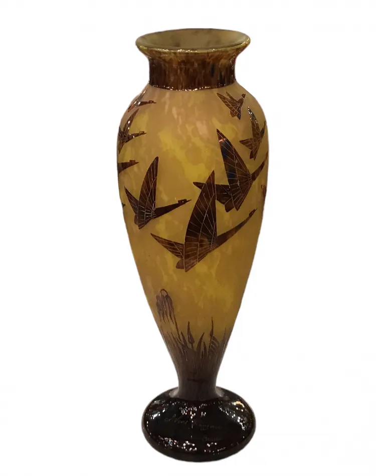 Antique signed glass vase Le Verre, decorated with flying birds and warm colors.