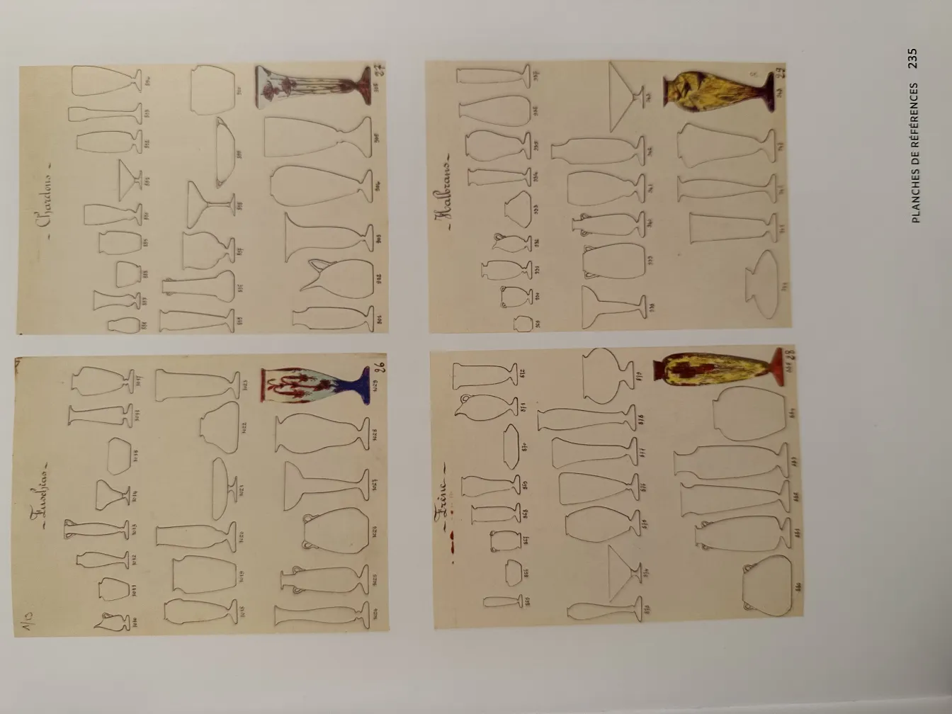 ilustrações antigas de vidro assinado Le Verre em várias formas