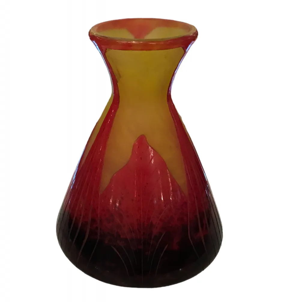 antique signed glass vase le verre in red and yellow colors, elegant style