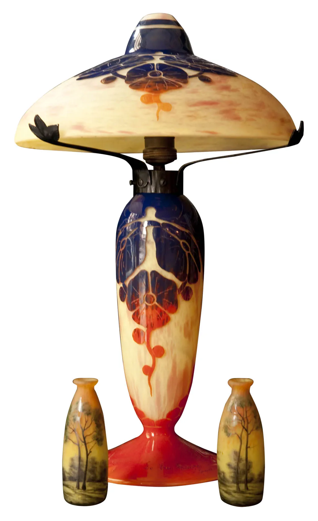 Lampada antica in vetro firmato Le Verre con due vasi