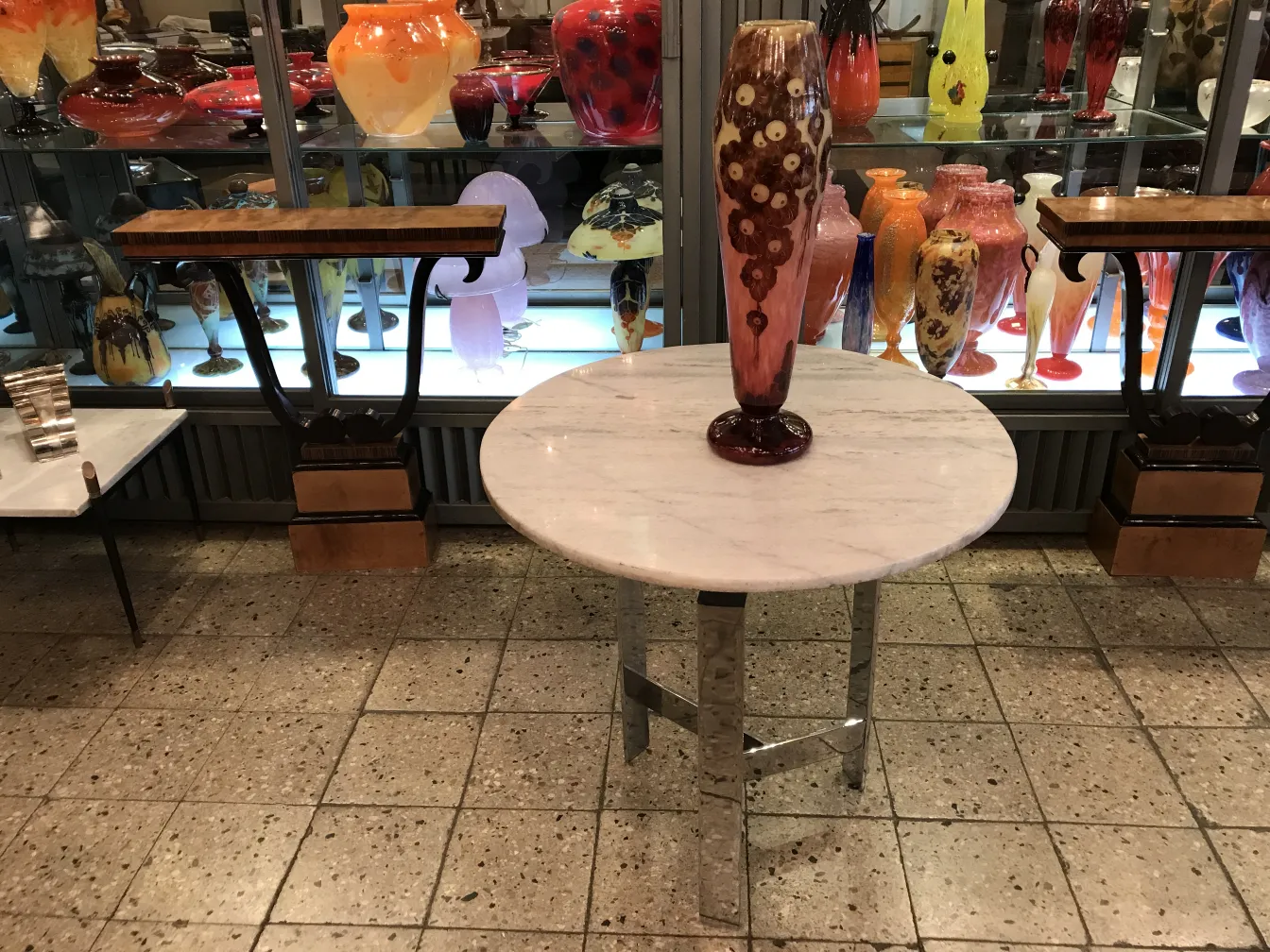 Antike Vase aus signiertem Glas mit dekorativem Design.