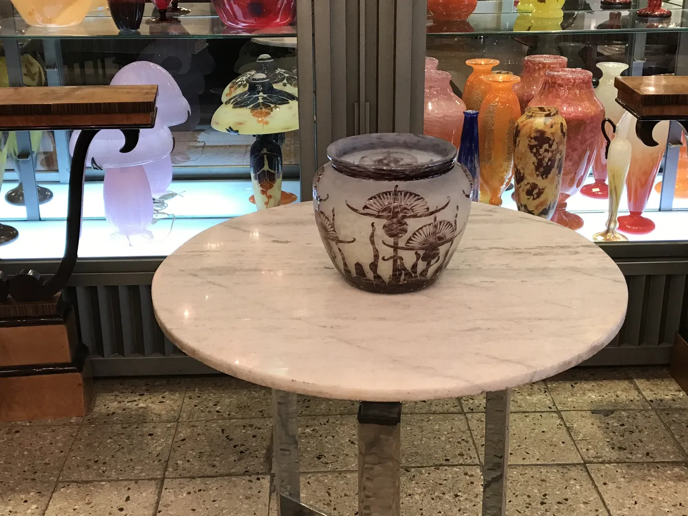 Pote de vidro antigo com assinatura e detalhes florais