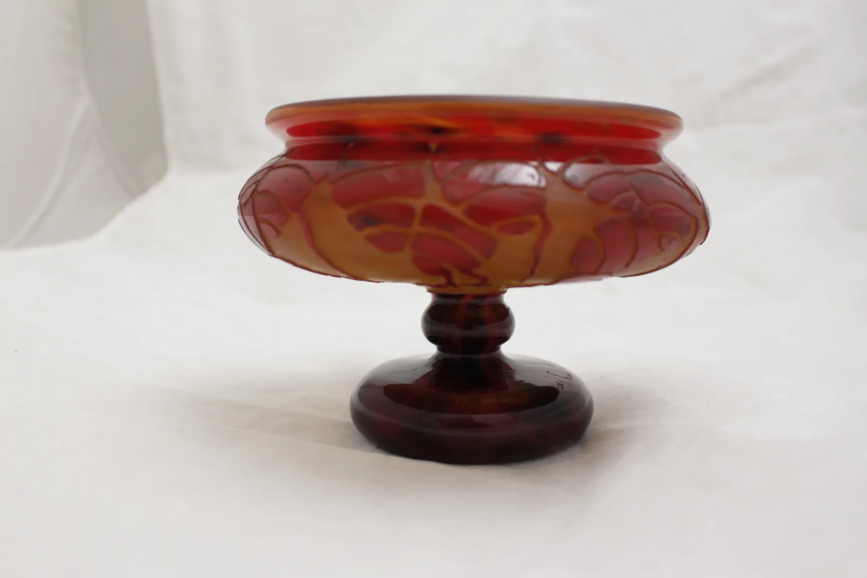antique glass piece with red floral decoration and base