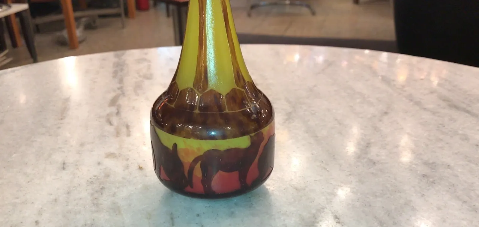 antique signed glass featuring horse designs in yellow and red