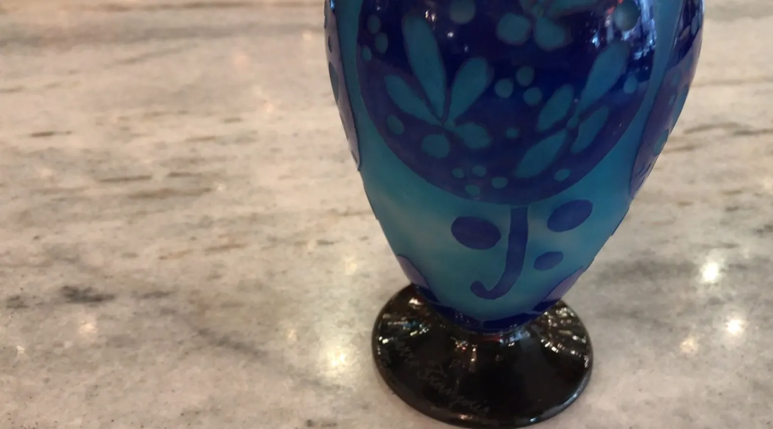 Antique signed glass Le Verre with blue and white design